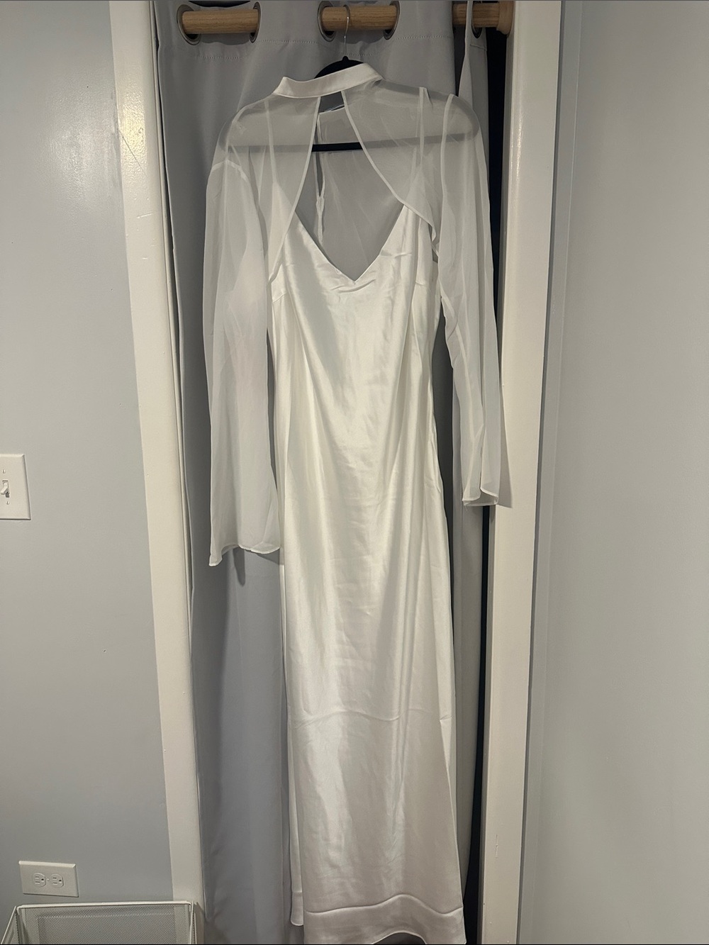 Anthropologie - White Satin Slip Dress with Sheer Cape